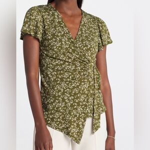 Chic Olive Floral Wrap Blouse